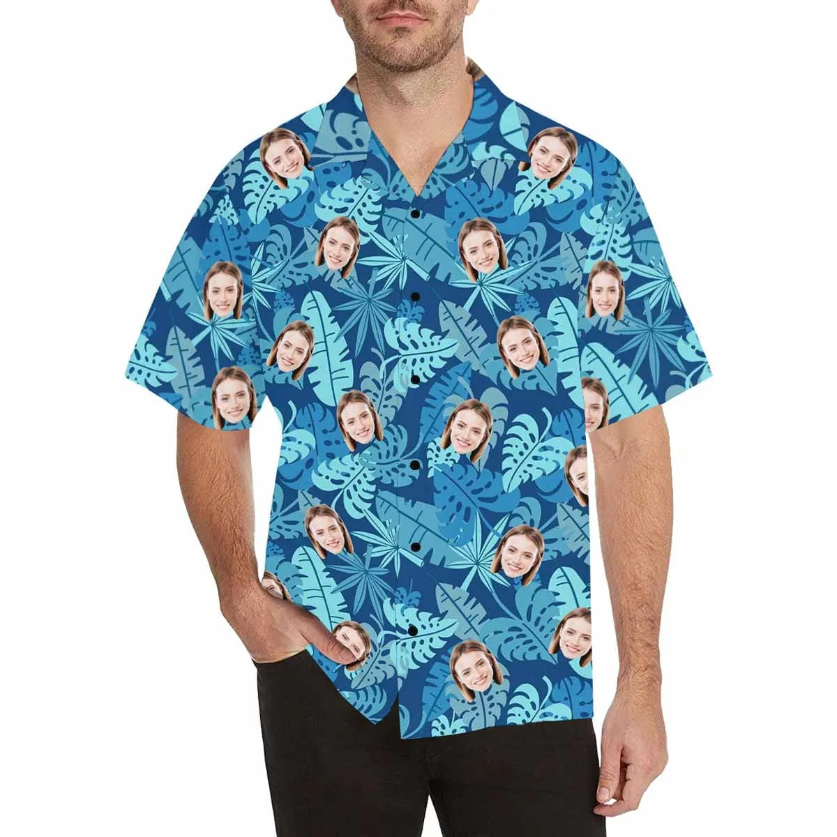 Custom Hawaiian Shirts with Face Blue Leaves Tropical Aloha Shirt Birthday Vacation Party Gift for Husband