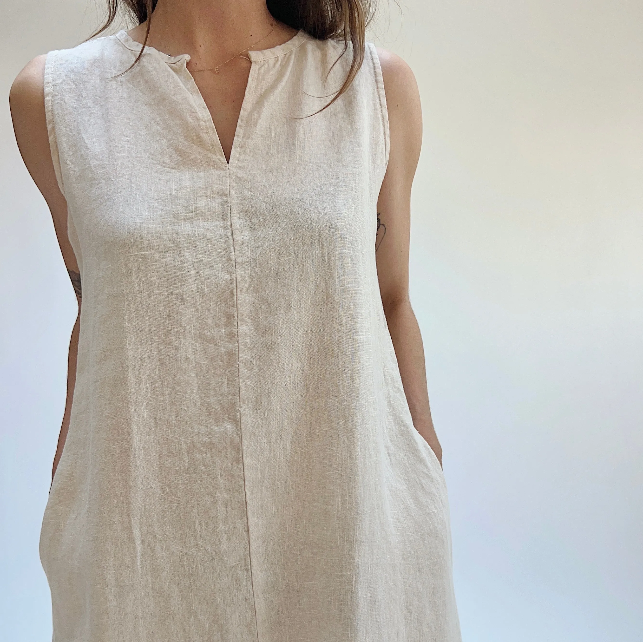 Cut Loose | Linen Split Neck Maxi Dress in Jicama