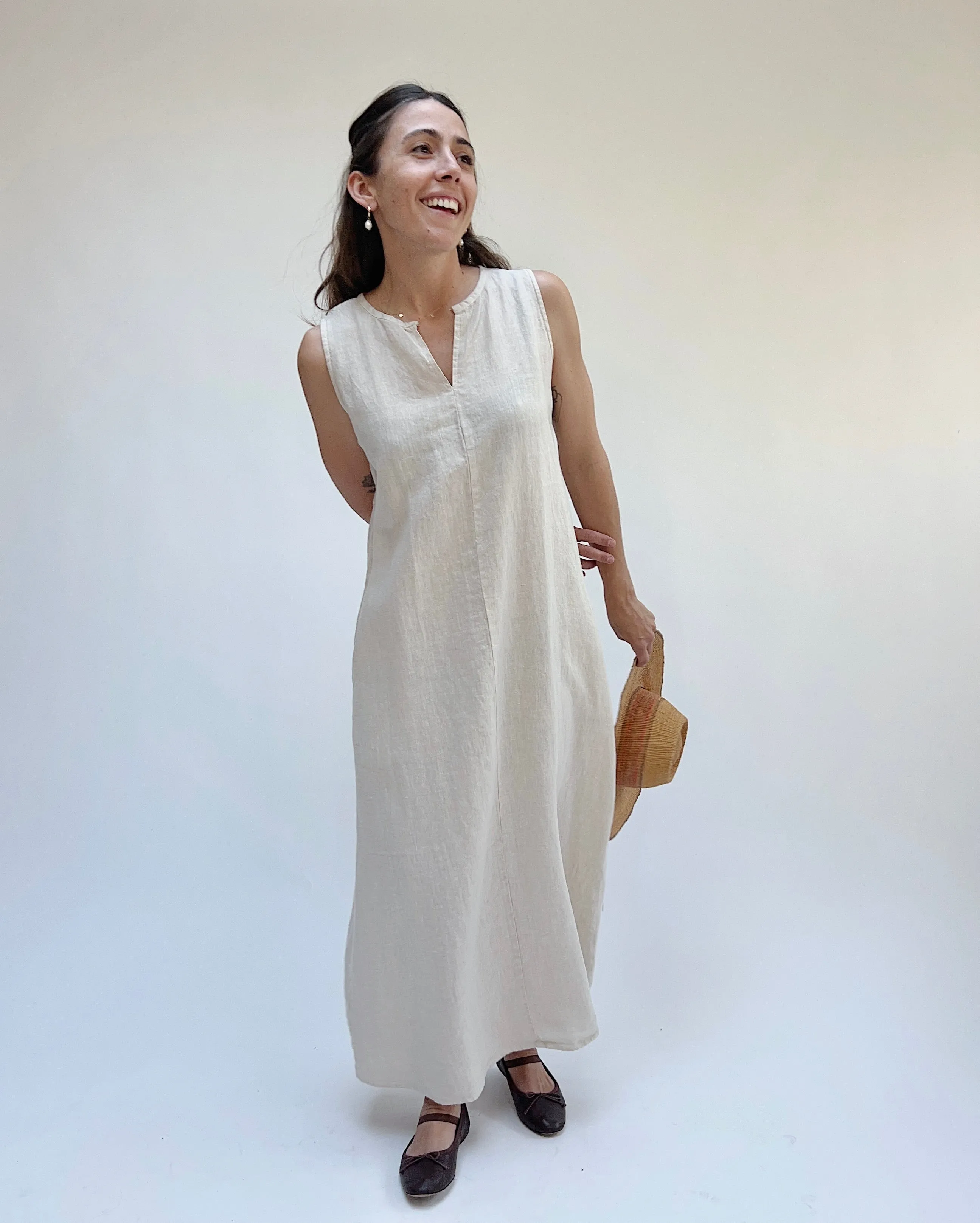 Cut Loose | Linen Split Neck Maxi Dress in Jicama