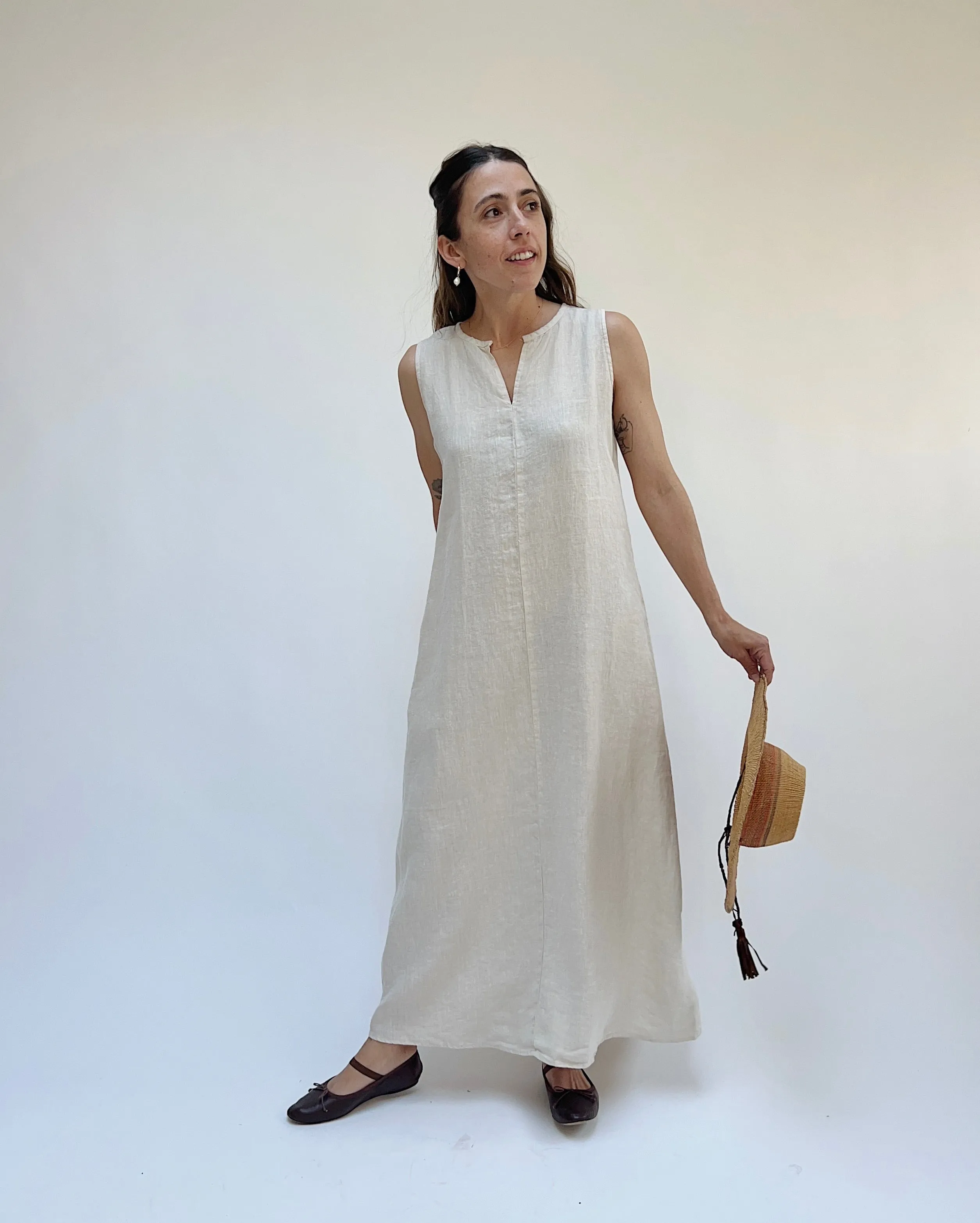 Cut Loose | Linen Split Neck Maxi Dress in Jicama