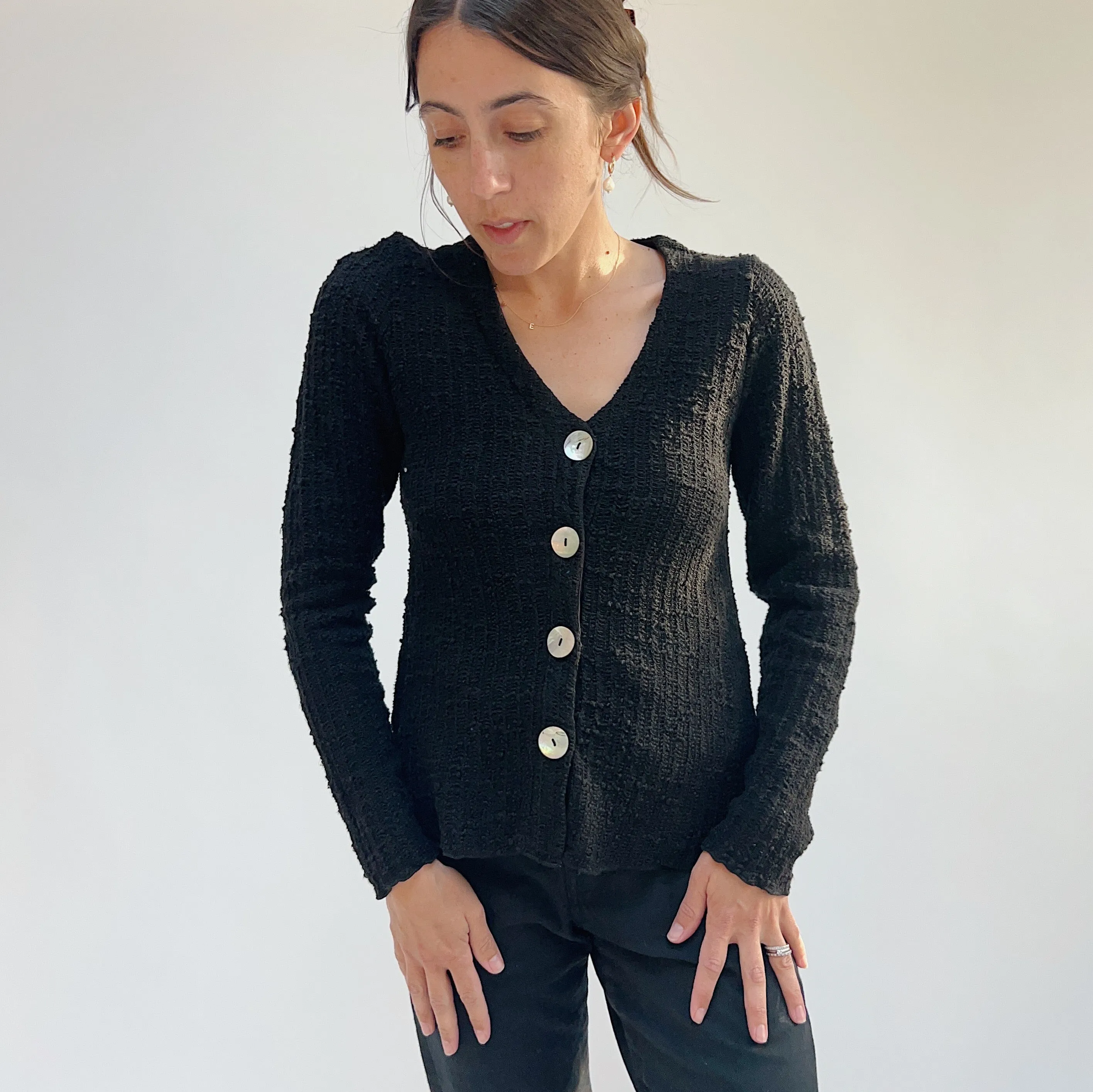 Cut Loose | Puff Sleeved Cropped Textured Knit Cardigan in Black