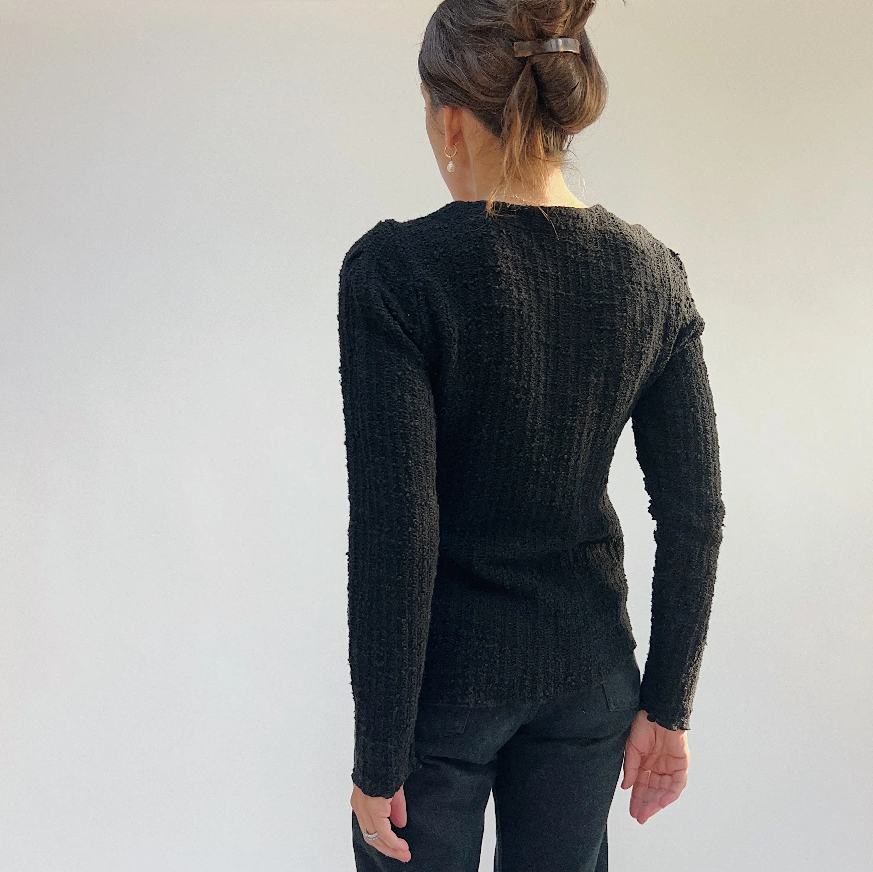 Cut Loose | Puff Sleeved Cropped Textured Knit Cardigan in Black