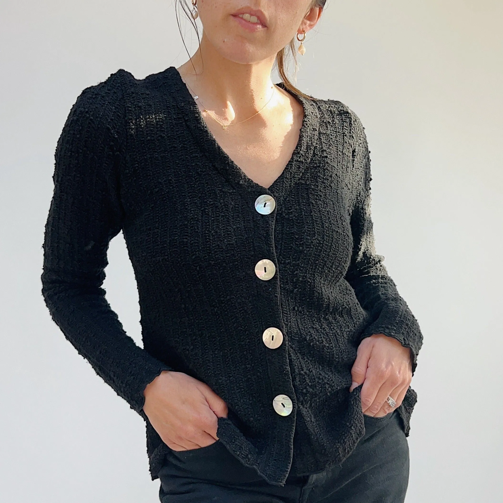 Cut Loose | Puff Sleeved Cropped Textured Knit Cardigan in Black