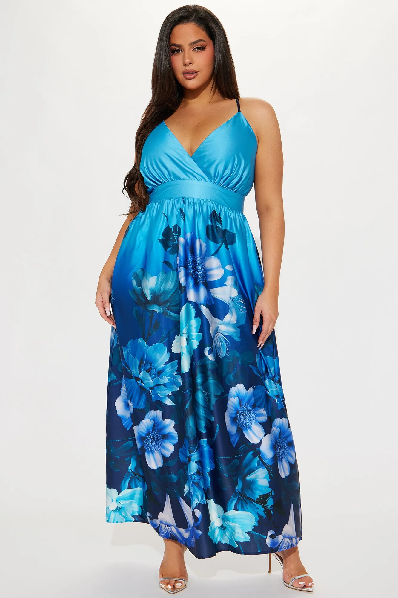 Desiree Satin Floral Maxi Dress - Blue