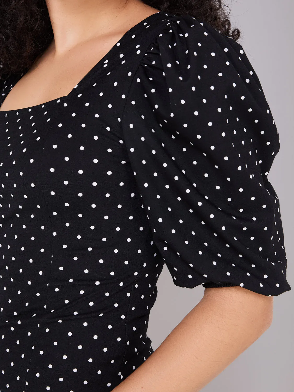 Dot Print Puff Sleeve Square Neck Top