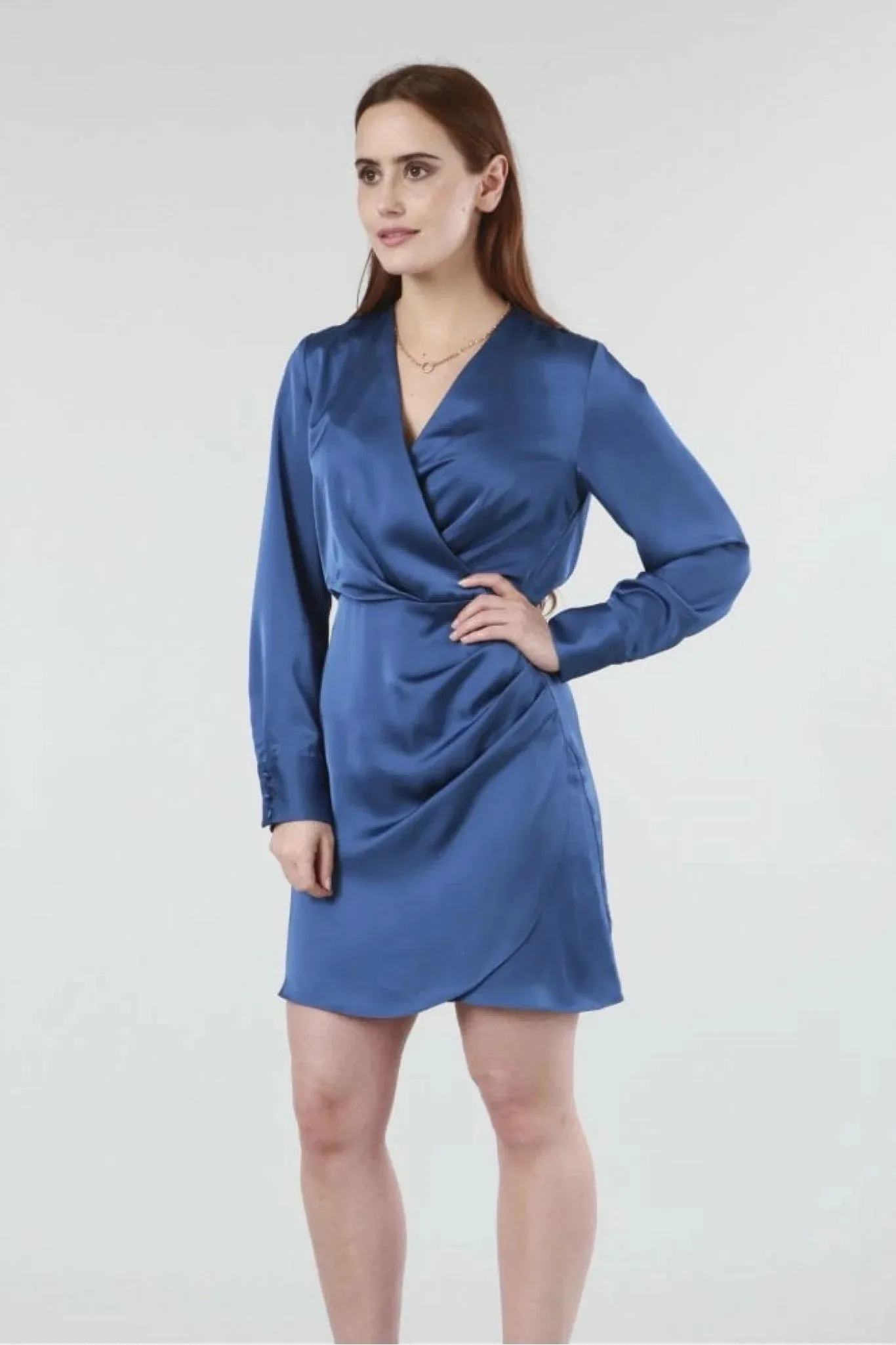 Double Second Blue Satin Pleated Wrap Front Dress