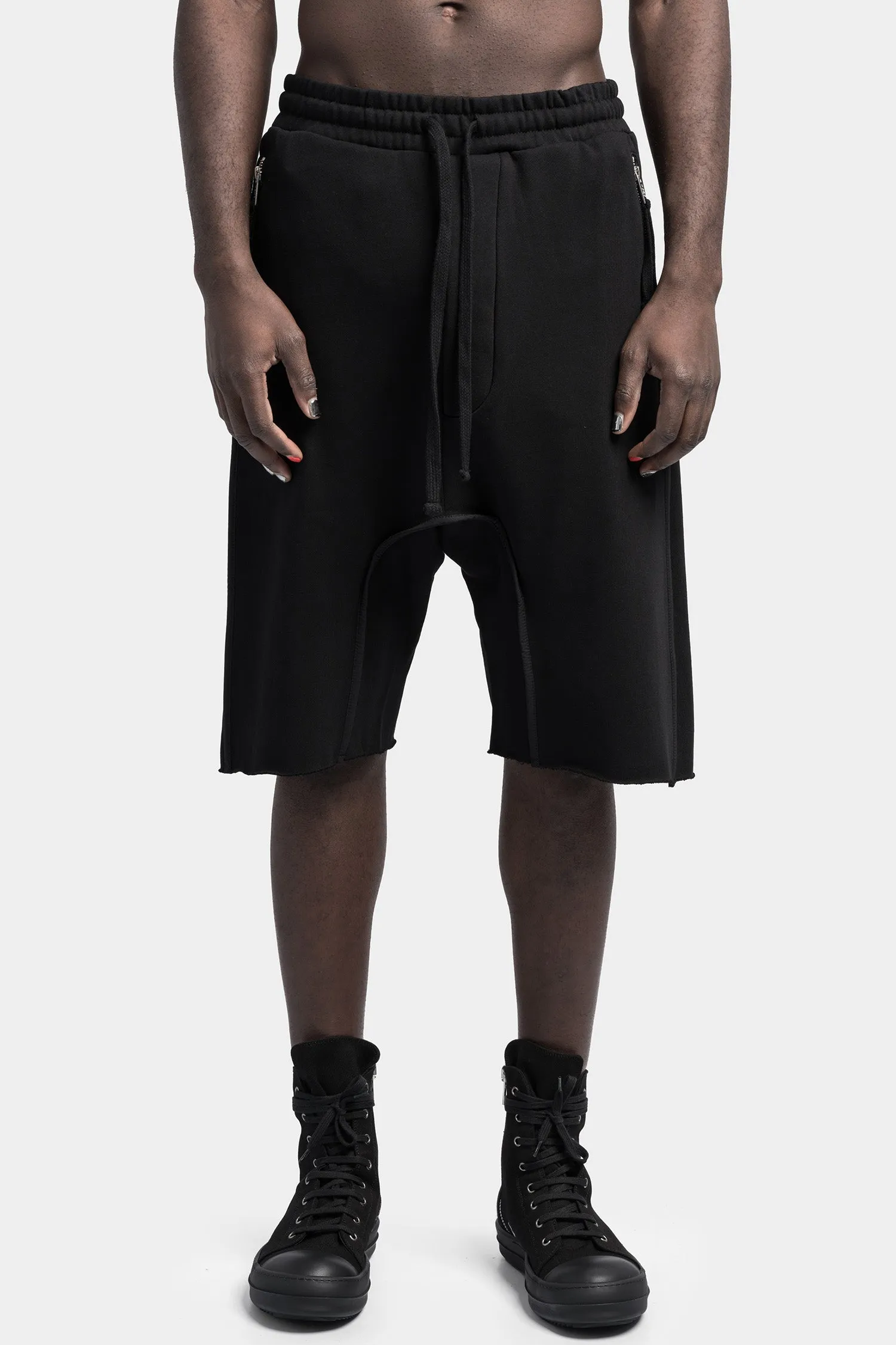 Drop crotch cotton sweat shorts, Black