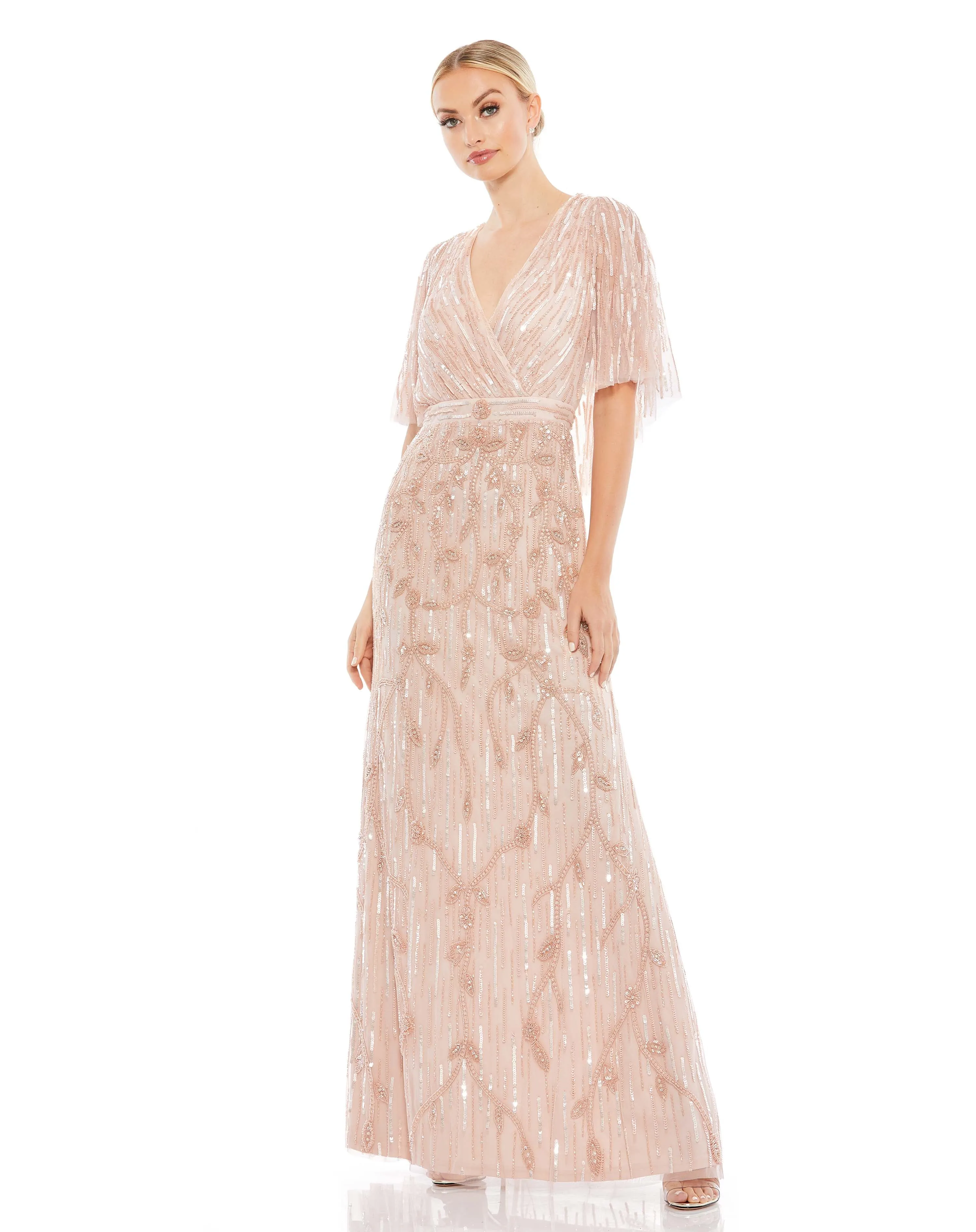 Embellished Cap Sleeve Faux Wrap Trumpet Gown