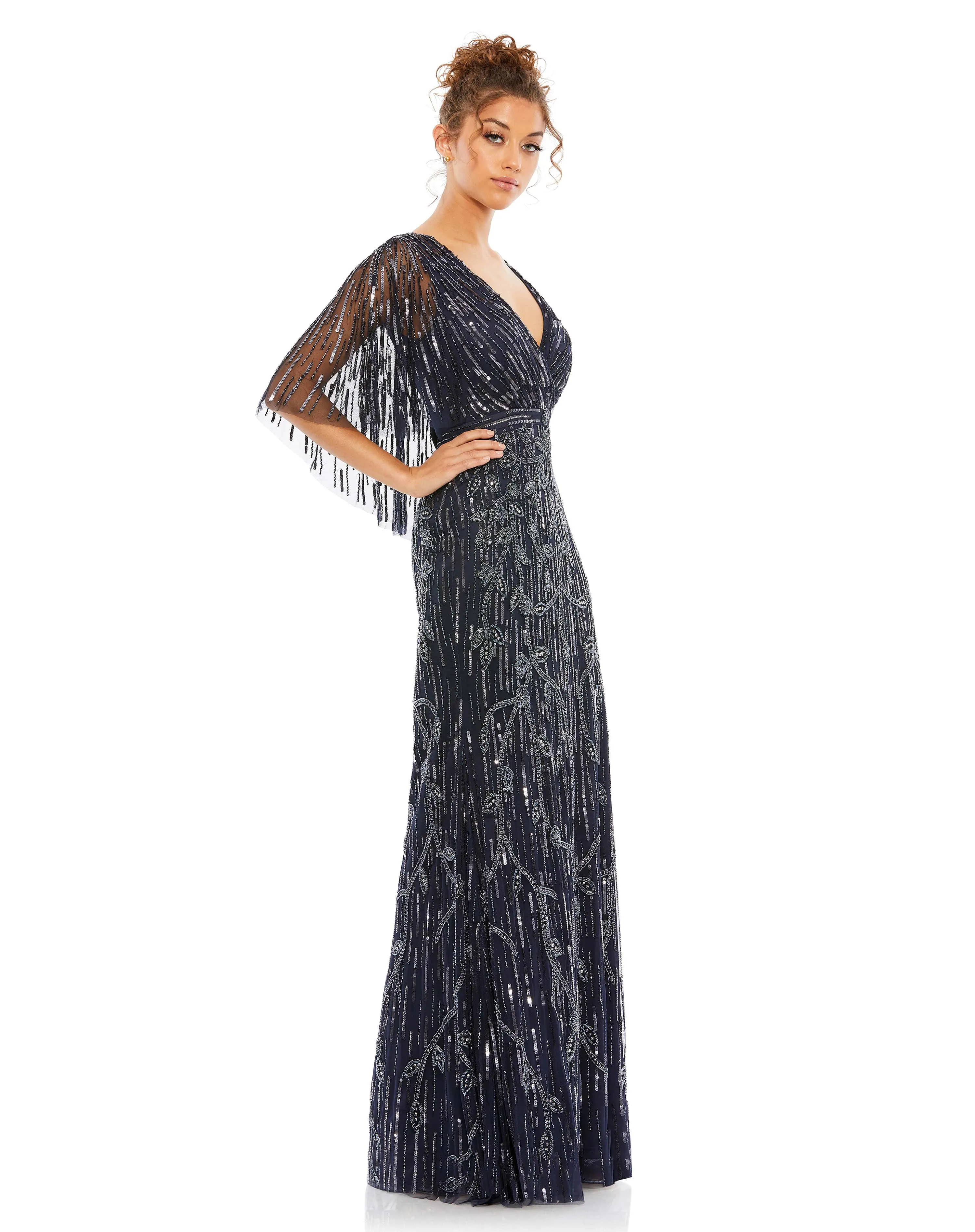 Embellished Cap Sleeve Faux Wrap Trumpet Gown