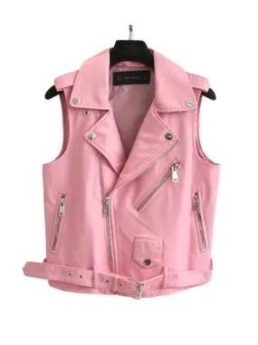 Fashion Leather Vest Womens Sleeveless Leather jacket Turn-Down Collar Pockets  PU vestm