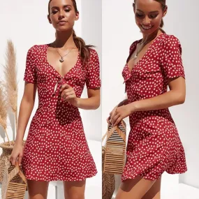 Fashion Women Mini Dress Fashion Elegant Short Sleeve Wrap Summer Boho Floral Holiday Party Sundress Female vestidos