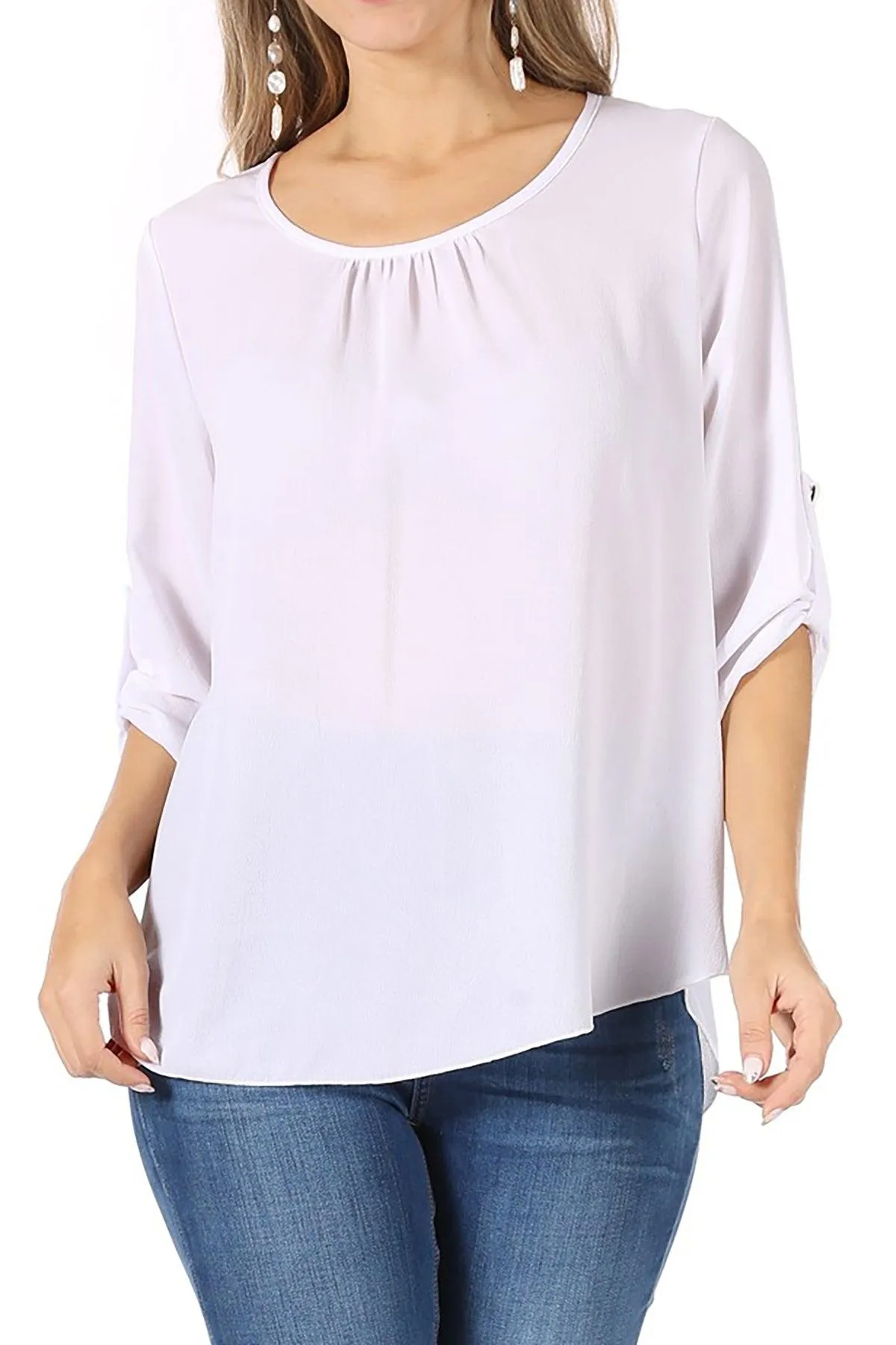 FashionJOA Casual Round Neck Roll up Tab 3/4 Sleeve Shirt Blouse Tops