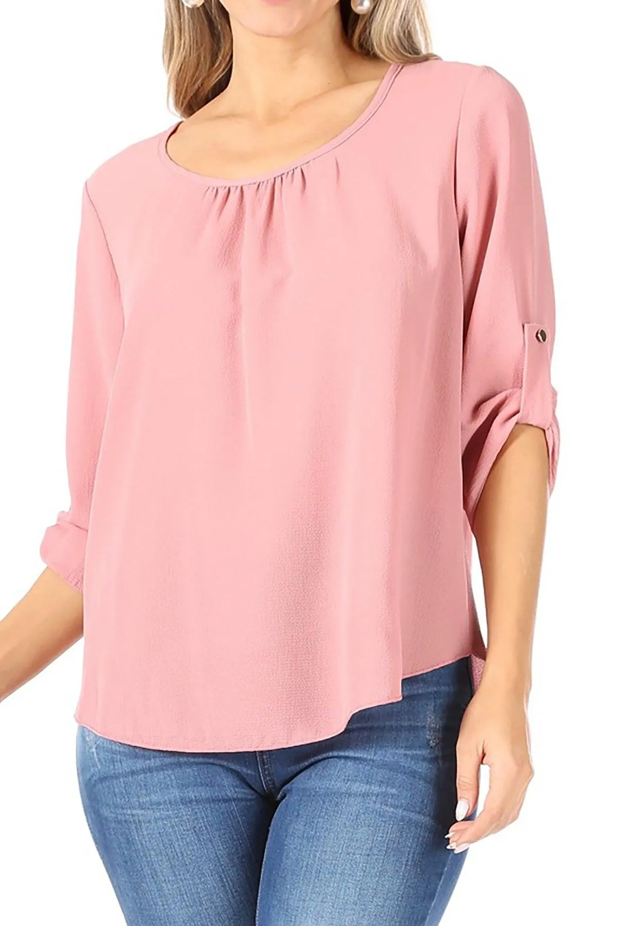 FashionJOA Casual Round Neck Roll up Tab 3/4 Sleeve Shirt Blouse Tops