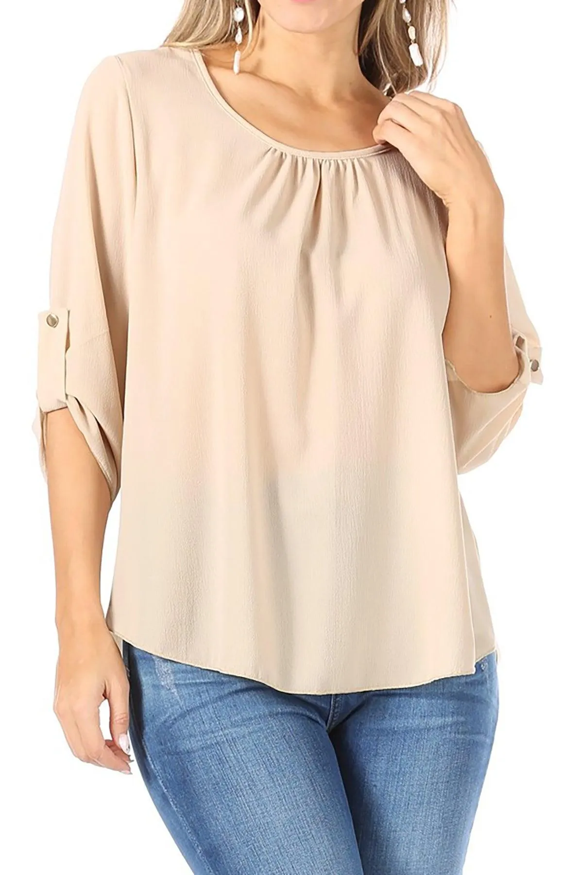 FashionJOA Casual Round Neck Roll up Tab 3/4 Sleeve Shirt Blouse Tops