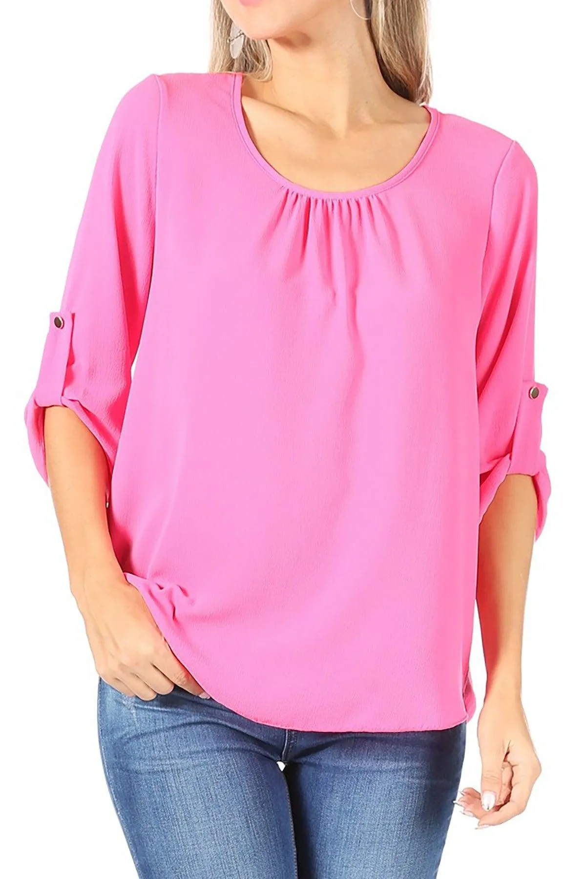 FashionJOA Casual Round Neck Roll up Tab 3/4 Sleeve Shirt Blouse Tops