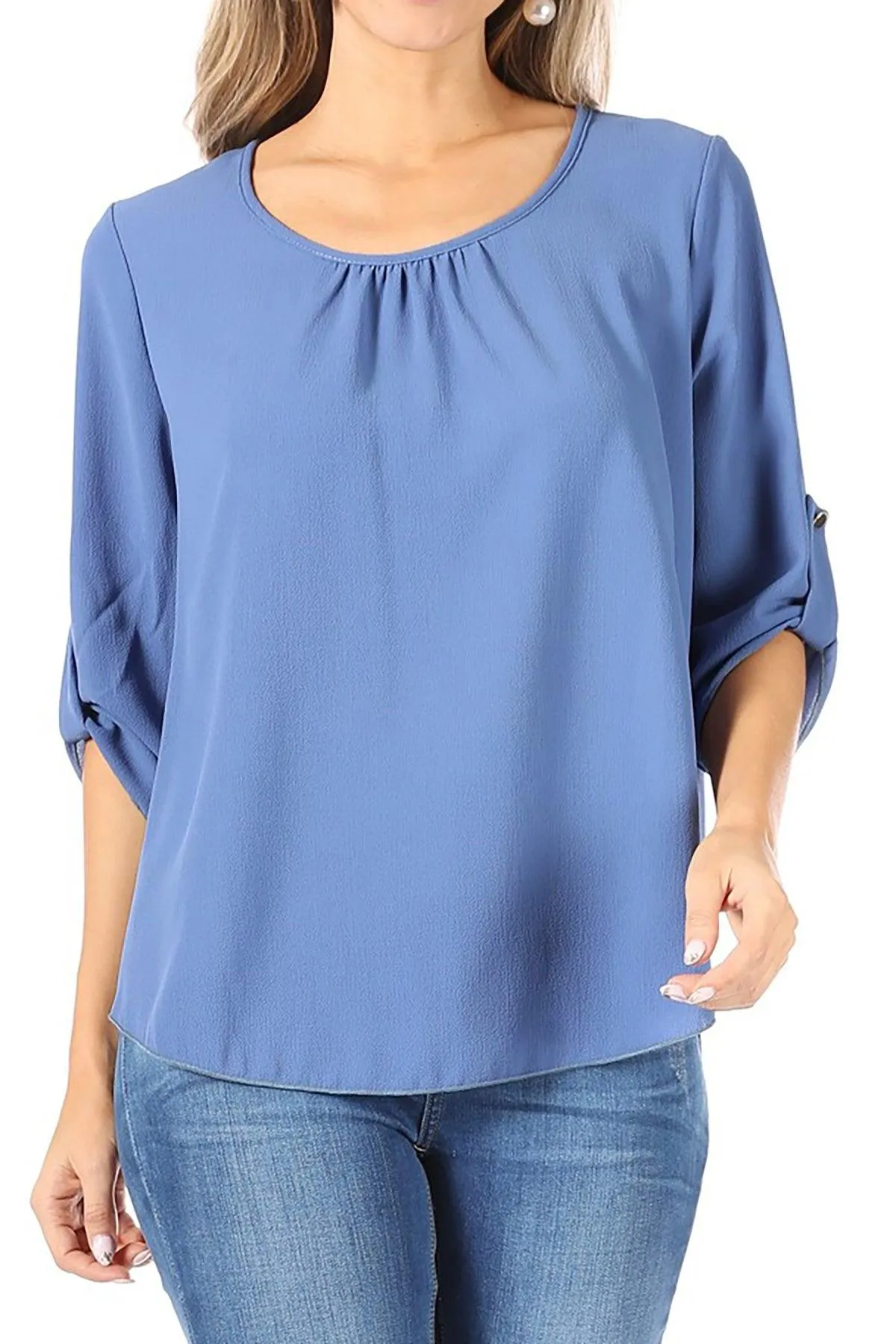 FashionJOA Casual Round Neck Roll up Tab 3/4 Sleeve Shirt Blouse Tops