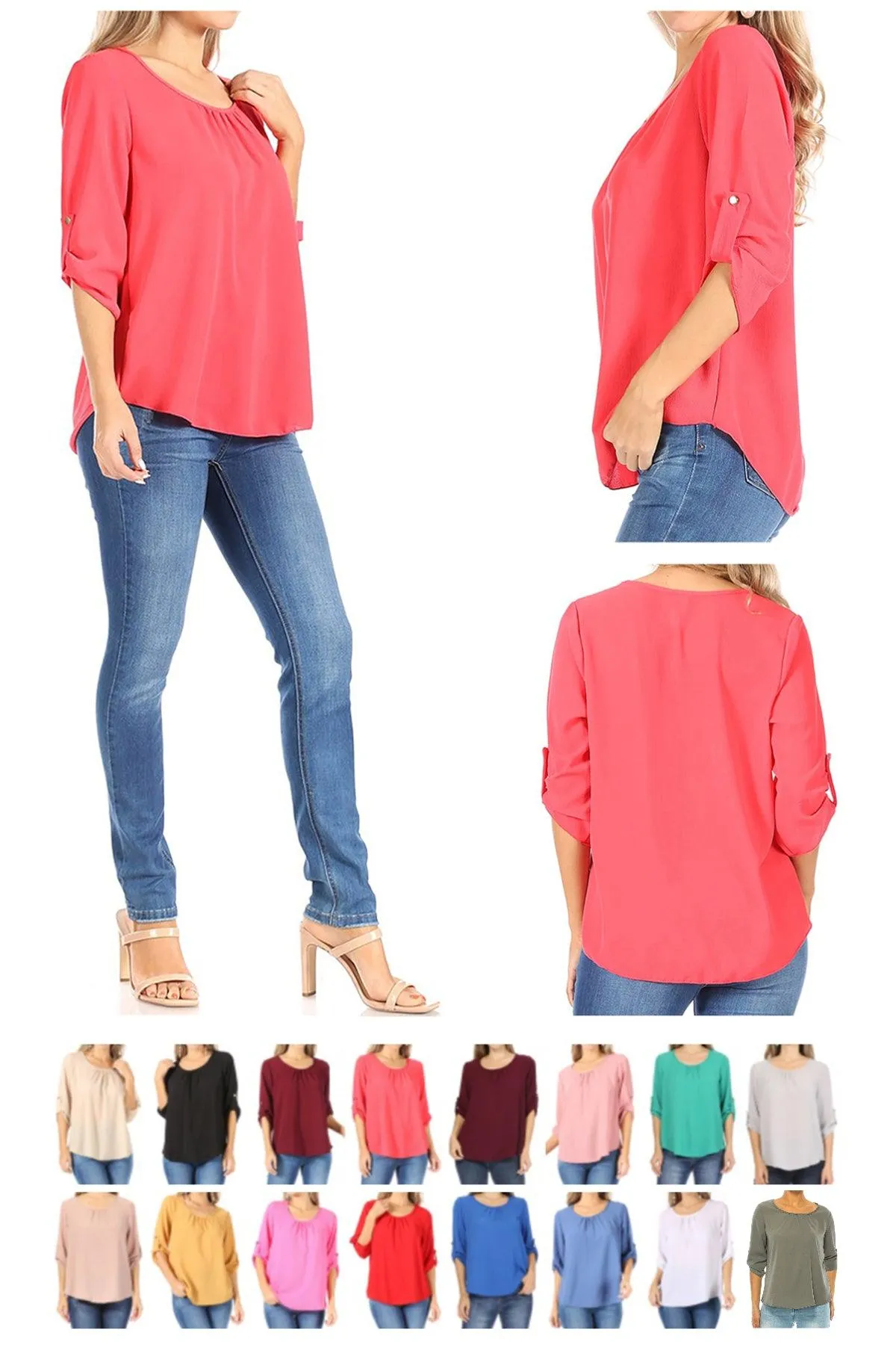 FashionJOA Casual Round Neck Roll up Tab 3/4 Sleeve Shirt Blouse Tops