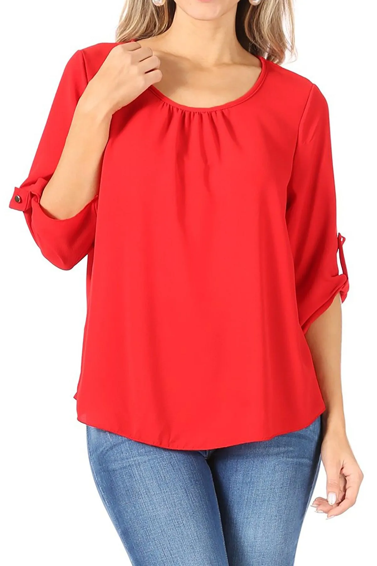 FashionJOA Casual Round Neck Roll up Tab 3/4 Sleeve Shirt Blouse Tops