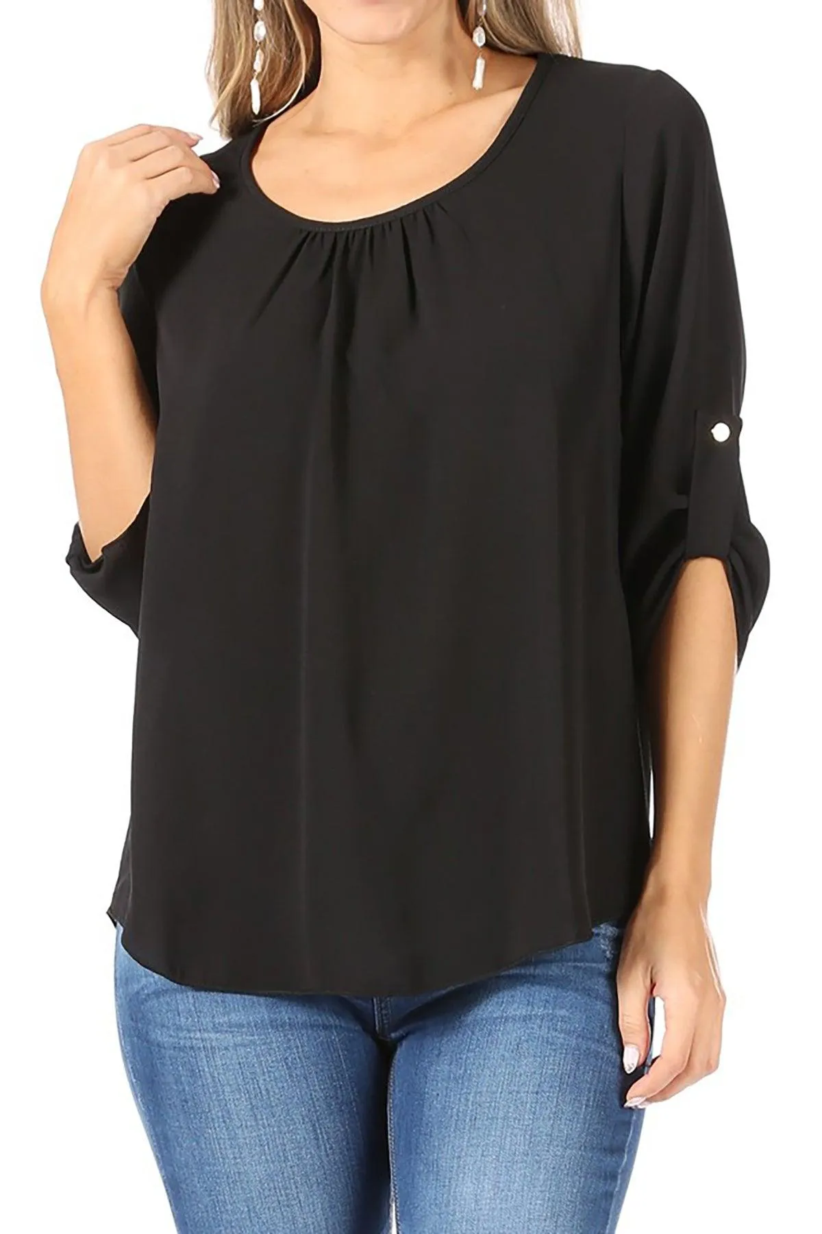 FashionJOA Casual Round Neck Roll up Tab 3/4 Sleeve Shirt Blouse Tops