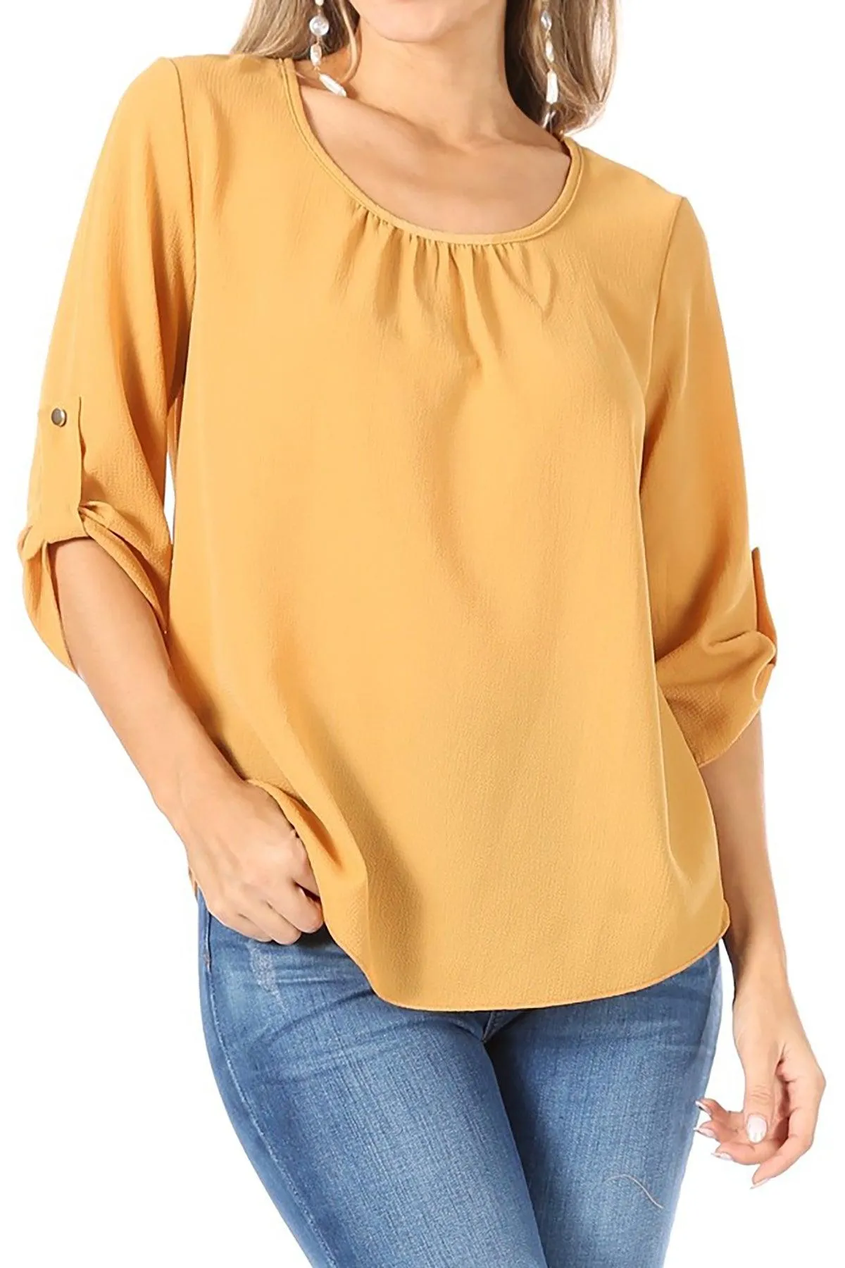 FashionJOA Casual Round Neck Roll up Tab 3/4 Sleeve Shirt Blouse Tops