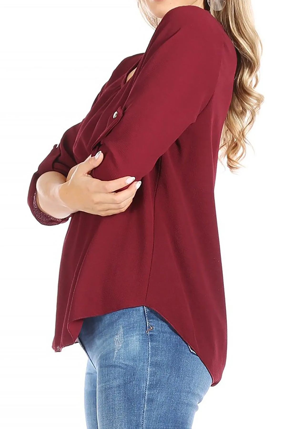 FashionJOA Casual Round Neck Roll up Tab 3/4 Sleeve Shirt Blouse Tops