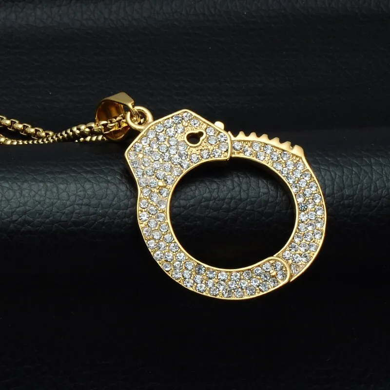 Gemstone-Studded Gold-Plated Handcuff Bling Stainless Steel Hip-hop Pendant Necklace