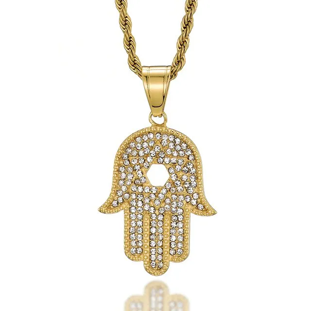 Gemstone-Studded Jewish Star on Hamsa Hand Bling Stainless Steel Hip-hop Pendant Necklace