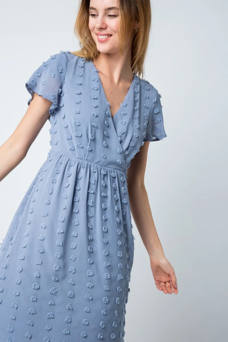 Genevah Swiss Dot Dress in Dusty Blue