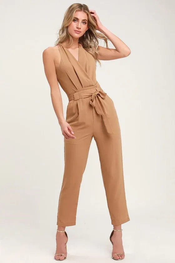 Halter Neck Belted Jumpsuit w/ Back Keyhole in Camel