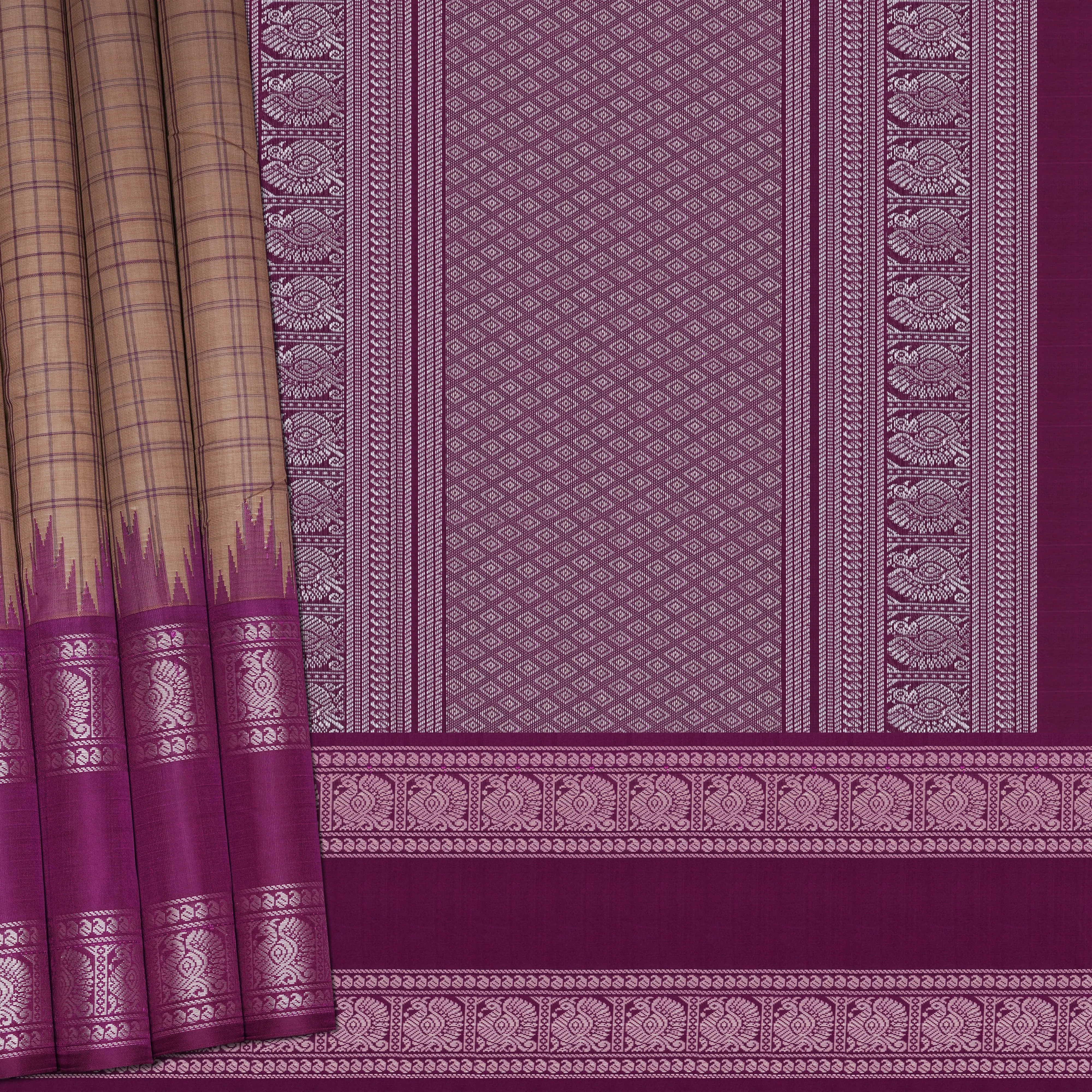 Handwoven Beige with Violet Kanchipuram Silk Cotton Saree - 2180T010890DSC