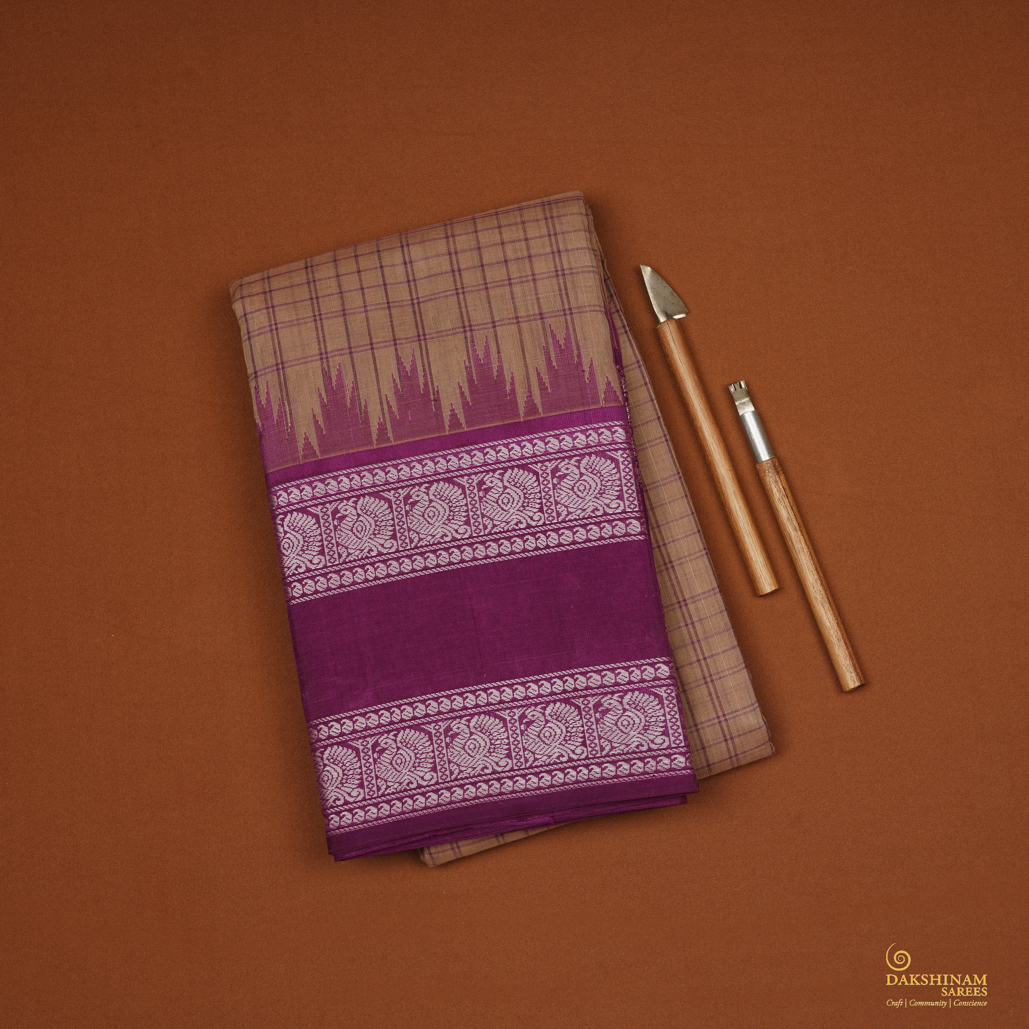 Handwoven Beige with Violet Kanchipuram Silk Cotton Saree - 2180T010890DSC