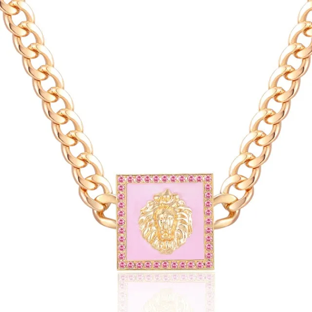 Hiphop Lion Head Choker Necklace Gold Color Statement Alloy Crystal Enamel Pendant Basketball Wives Chunky Chain Costume Jewelry