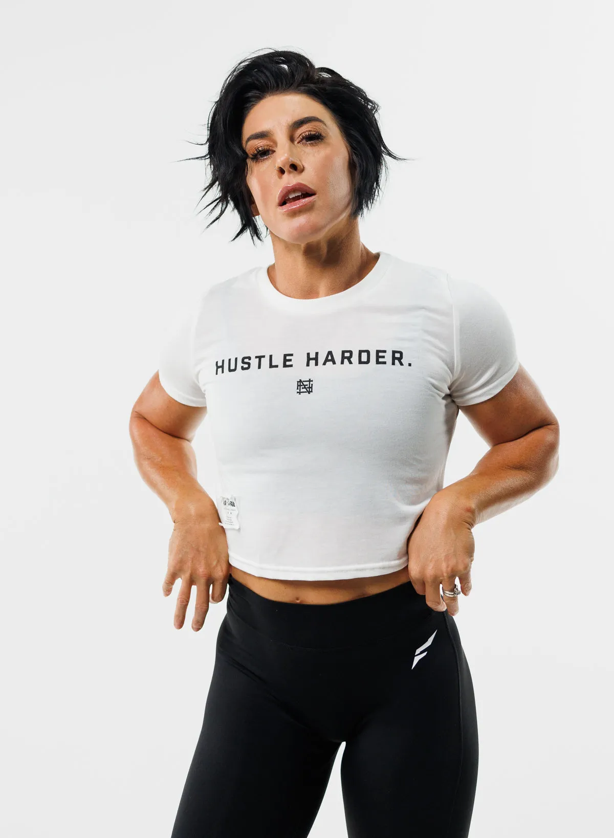 HUSTLE HARDER CROP TEE - WHITE