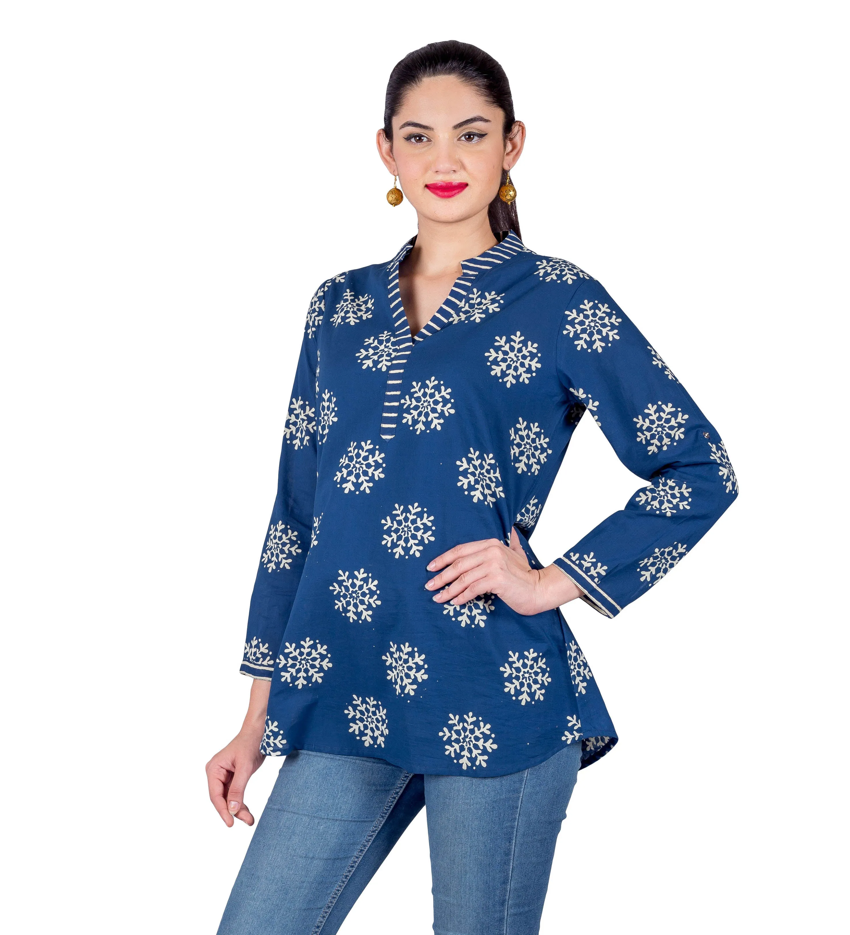 Indigo Blue Split Mandarin Collar Buta Printed Ethnic Short Kurti