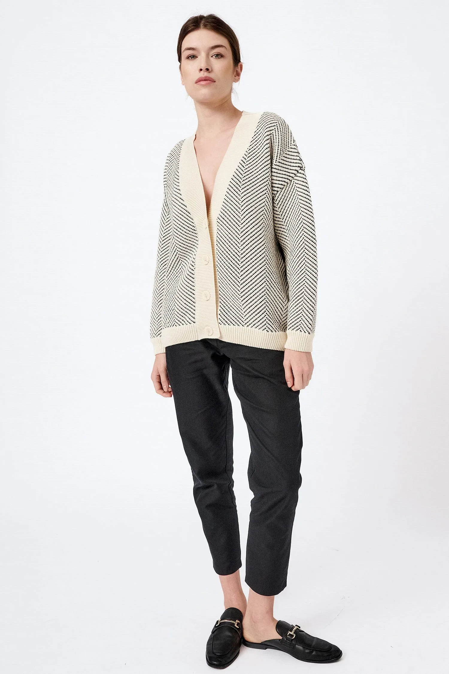 Knitted Herringbone Organic Cotton Cardigan | Cream & Black