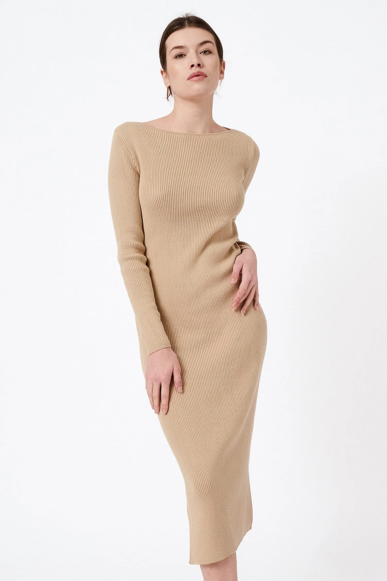 Knitted Long-Sleeved Organic Cotton Boat Neck Dress | Multiple Colours