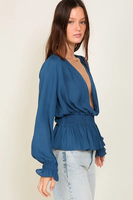 Long Sleeve Chiffon Top With Smocked Waist