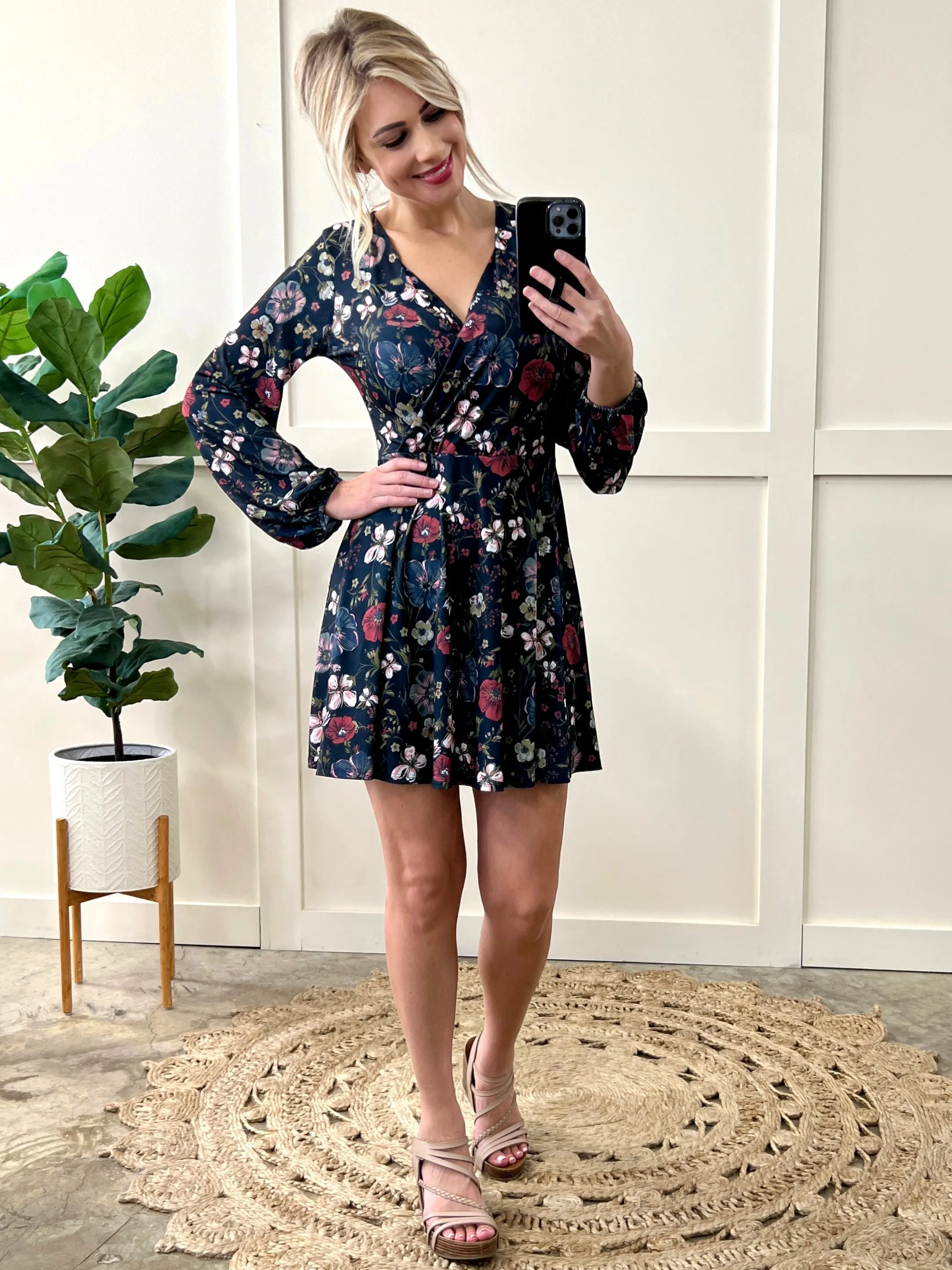 Long Sleeve Surplice Dress With Attached Shorts In Navy Florals