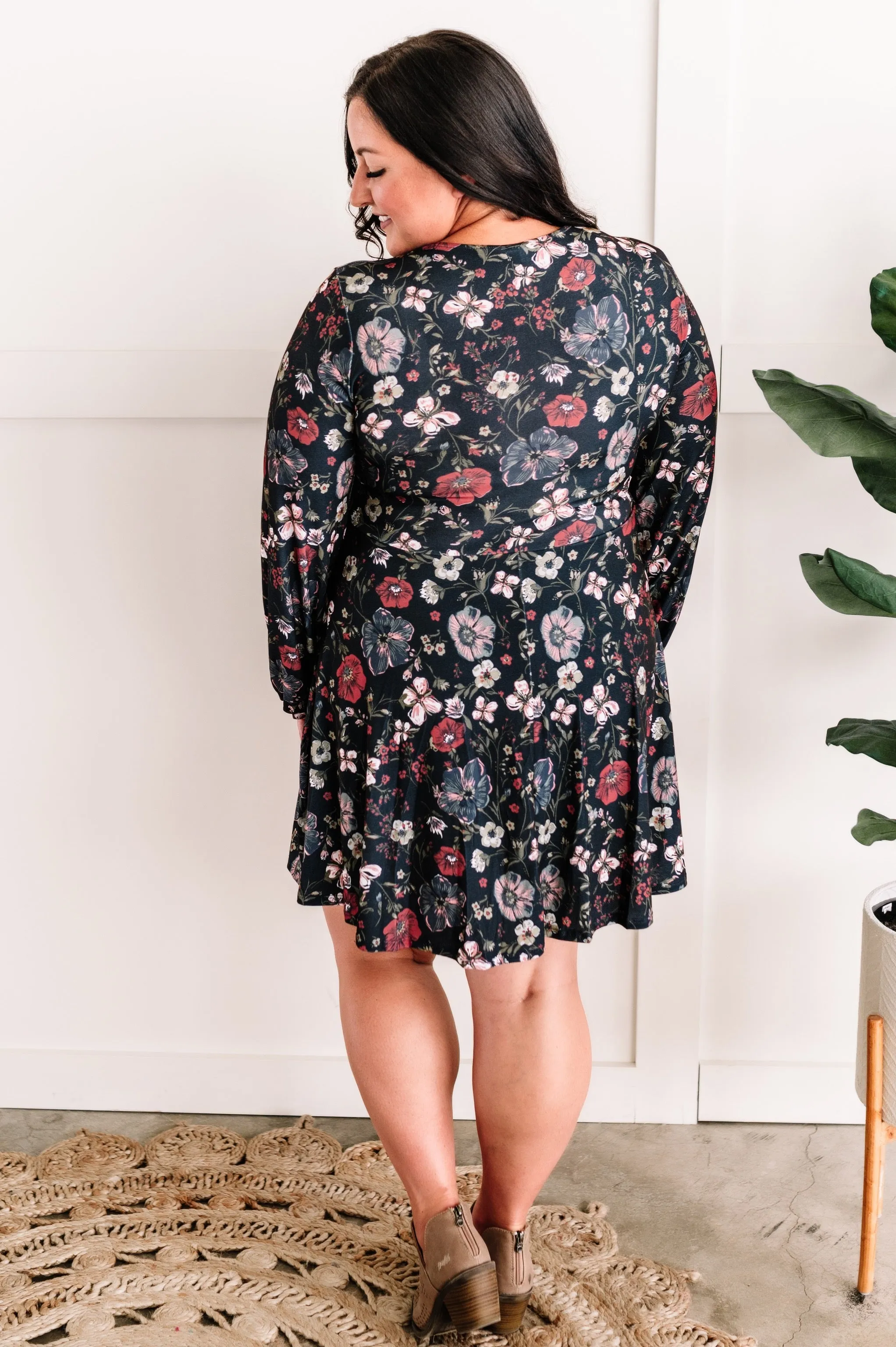 Long Sleeve Surplice Dress With Attached Shorts In Navy Florals