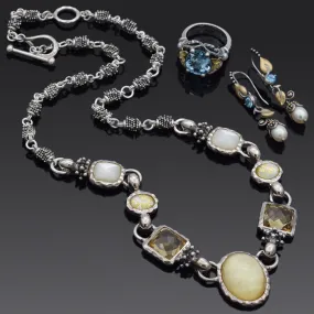 Lot of 3 Anne King Barbara Bixby Michael Dawkins Citrine Blue Topaz MOP 18k Gold Sterling Silver Necklace Earring & Ring Set