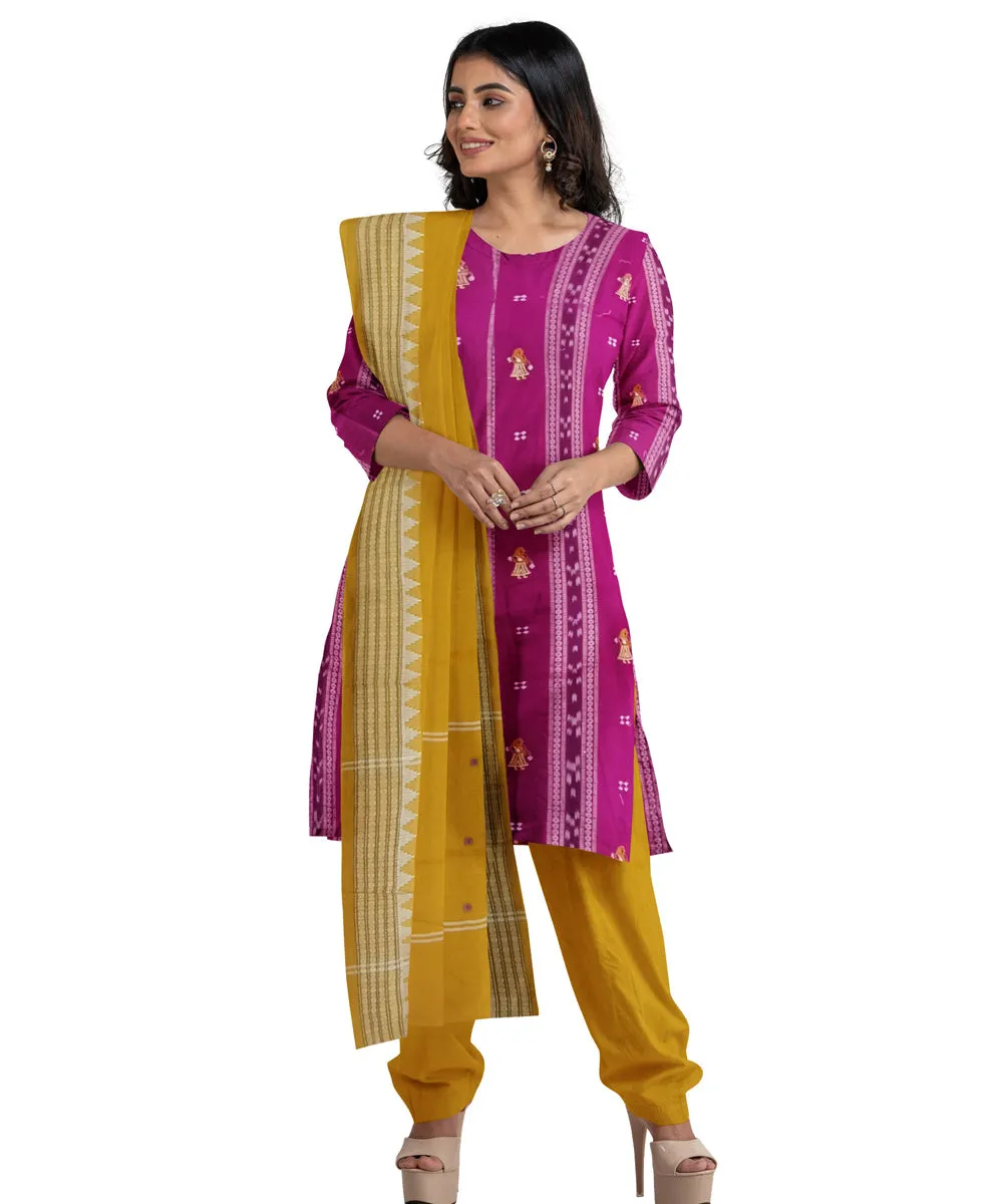 Magenta mustard hand woven cotton nuapatna dress material