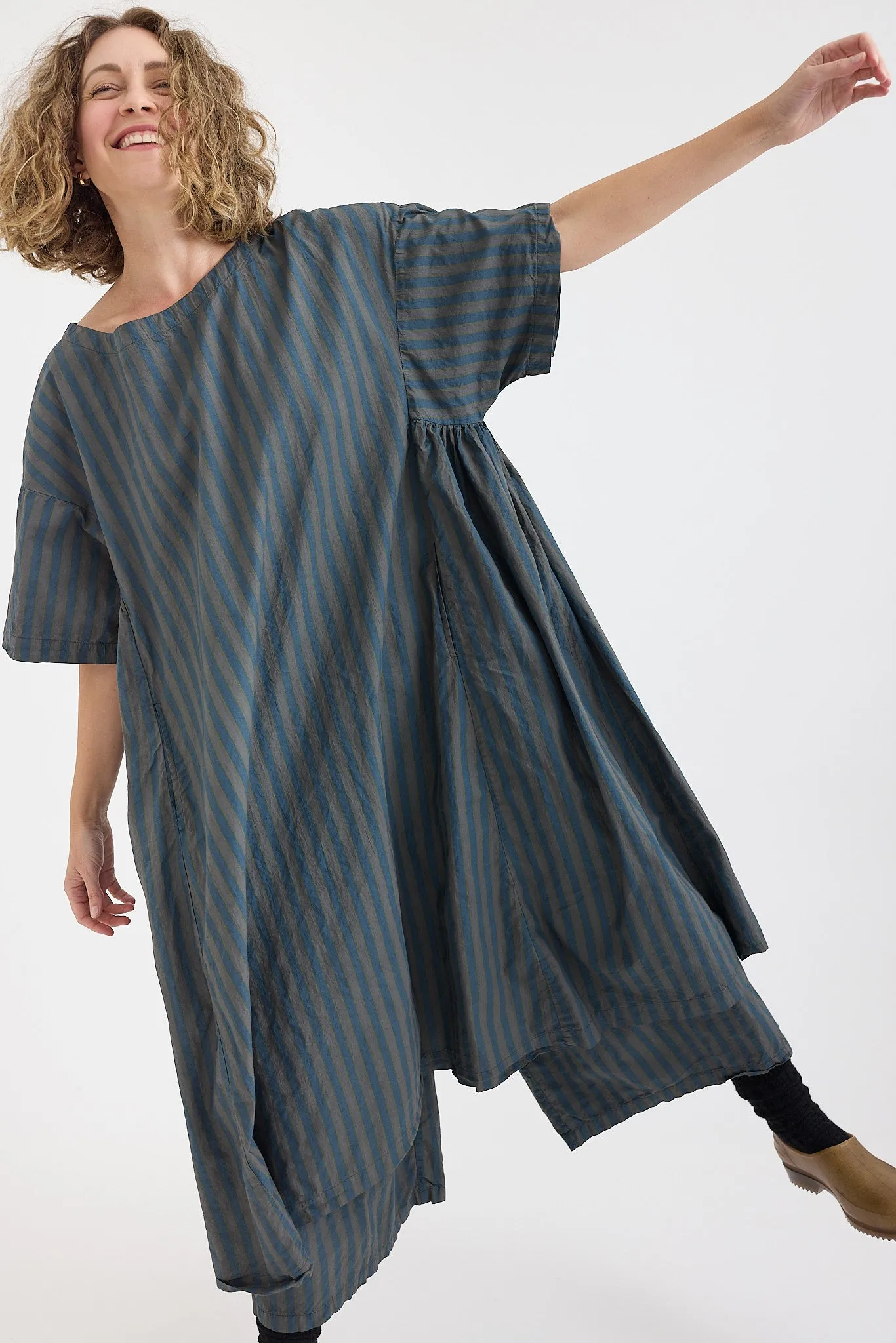 Metta - Holly Dress - Cotton Poplin - Flint Grey Stripe