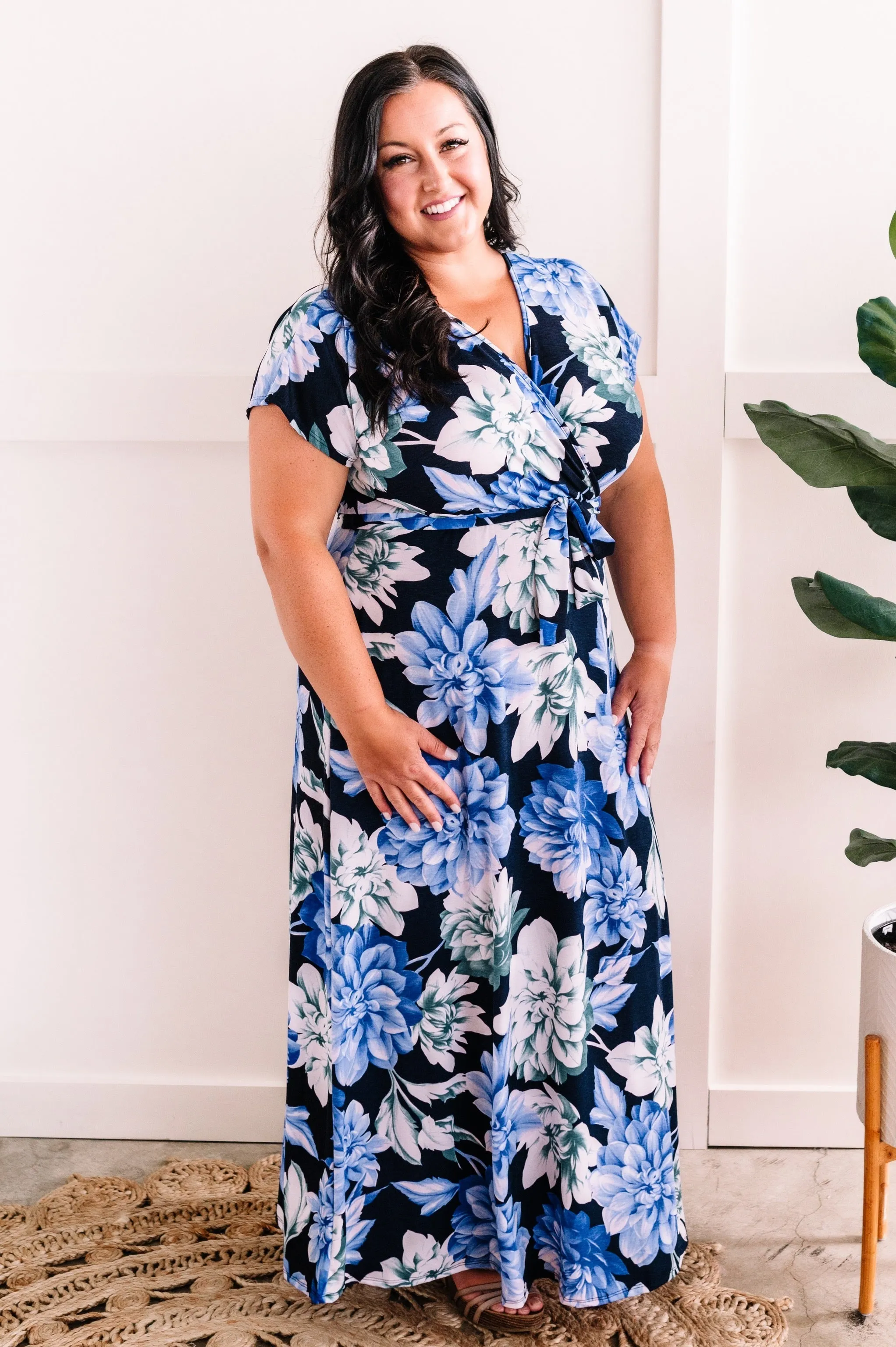 Navy Surplice Floral Maxi Dress With Tie Belt Detail In Blue Watercolors