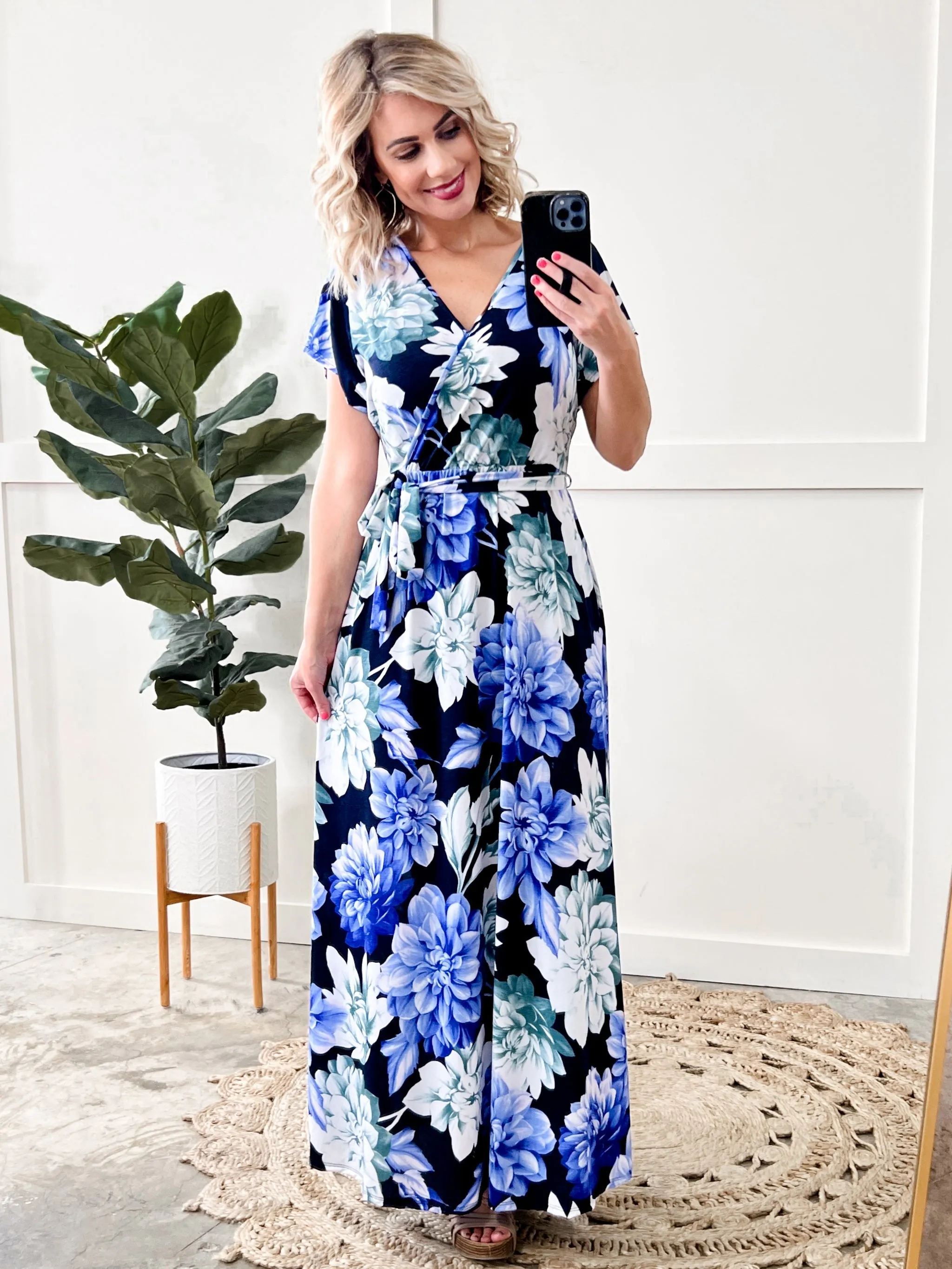 Navy Surplice Floral Maxi Dress With Tie Belt Detail In Blue Watercolors