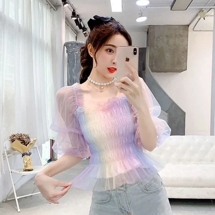 Pastel Rainbow Kawaii Princess Tulle Blouse