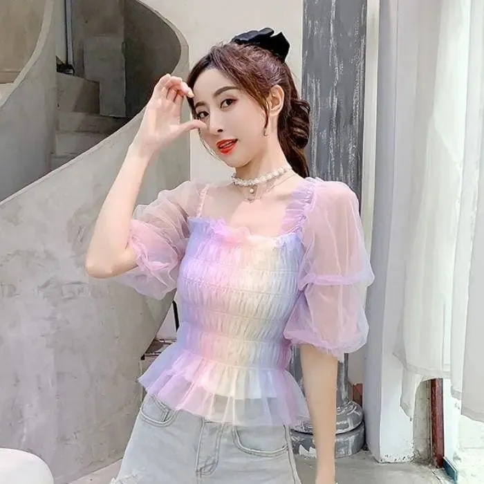 Pastel Rainbow Kawaii Princess Tulle Blouse