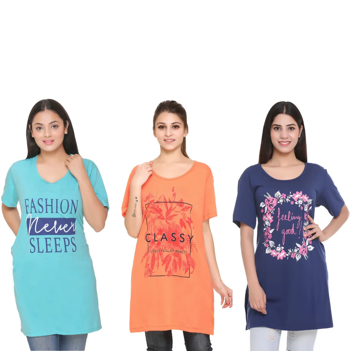 Plus Size Long T-shirts For Women - Half Sleeve - Pack of 3 (Orange, Navy Blue & Turquoise)