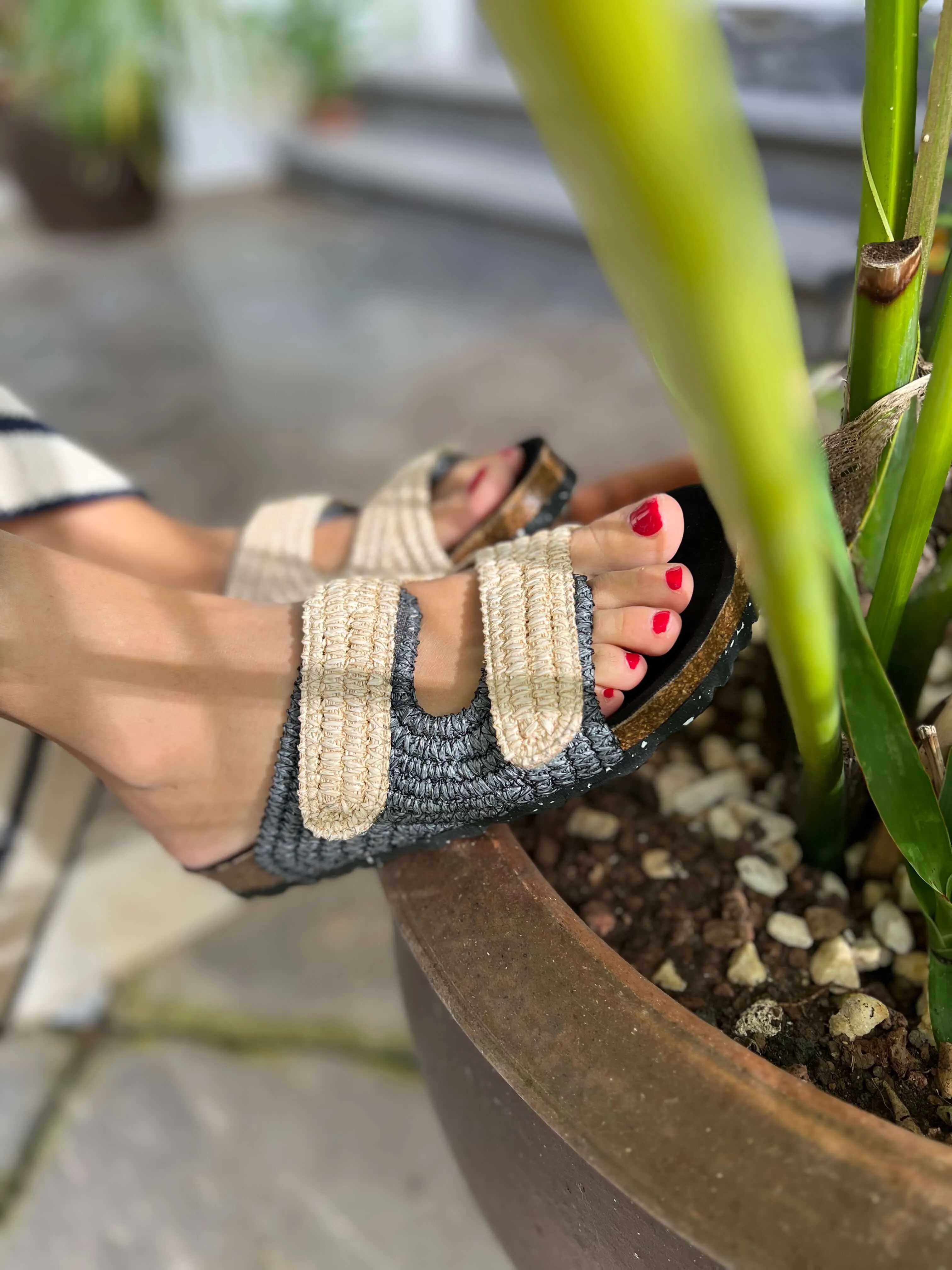 Pollenca Vegan Rafia Sandals | Natural & Black