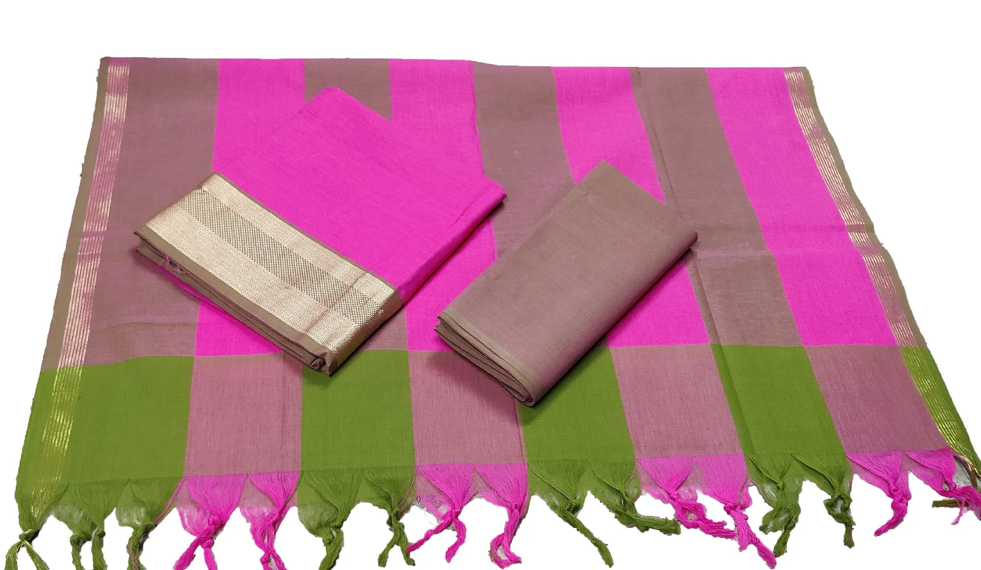 Punekar Cotton 100% Handloom Cotton Brown & Pink Color Women Dress Unstitched Fabric