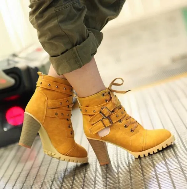 Punk Womens Lace up Buckle Strap Block Heel Shoes Belt Retro Ankle Boots